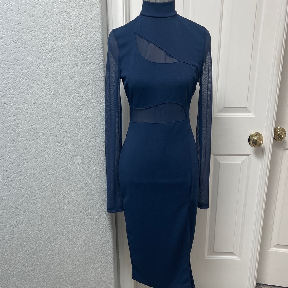 Fashion Nova Navy Mesh-Inset Long Sleeve Bodycon Dress
